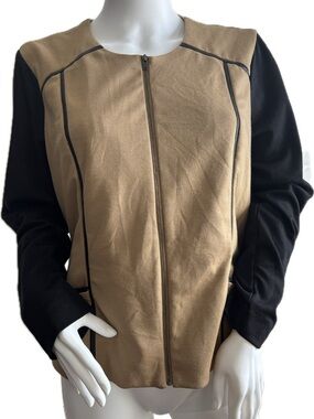 Tailored Zip-Front Colorblock Blazer Jacket - Camel & Black